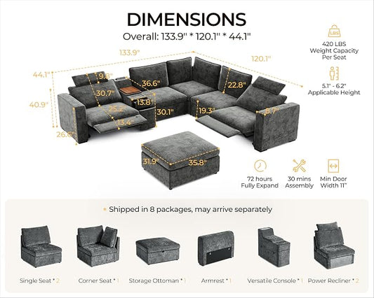 Oversized Modular Power Recliner Sofa Wall Hugger, Cloud Reclining Couch with Headrest, Storage Ottoman, Drawer Charging Cup Holder, Deep L-Shaped 6 Seater with Dual Electric Recliner, Chenille, Grey