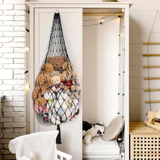 Amdermi Stuffed Animal Hammock Corner Hanging Net for Stuffy Animal Storage Macrame Toy Display Plushie Toy Holder-Perfect for The Tiny Space Walls, Kid Bedroom Decor Playroom Organizer (Black)