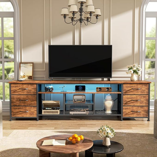Furologee LED TV Stand for 65, 75, 80 Inch TV, 71 Inch Entertainment Center with Power Outlets, 6 Fabric Drawers Dresser for Bedroom, Media Console with Open Shelves, Rustic Brown