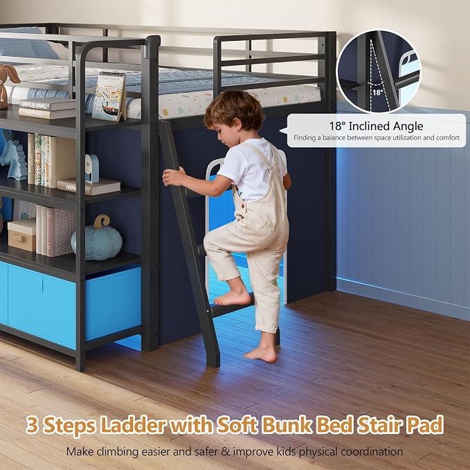 DICTAC Low Loft Bed with Desk and 6 Storage Drawers Twin Loft Bed with Bookshelf,LED Lights & Under-Bed Play Space,Kids Twin Beds with 13.8''H Safety Guardrail,Inclined Ladder&Play Curtain,Blue+Black