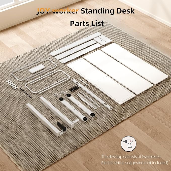 JOY worker Height Adjustable Electric Standing Desk with Storage Shelves, 48 Inch Table with Built-in Monitor Stand, Sit Stand Desk with 2 Hooks for Home Office, White