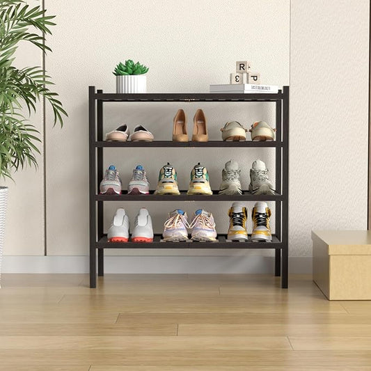 ROMGUAR CRAFT 4 Tier (Thick) Bamboo Shoe Rack for Closet Free Standing Wood Shoe Shelf for Entryway Small Space Stackable 27"x12"x28" (Black Brown)