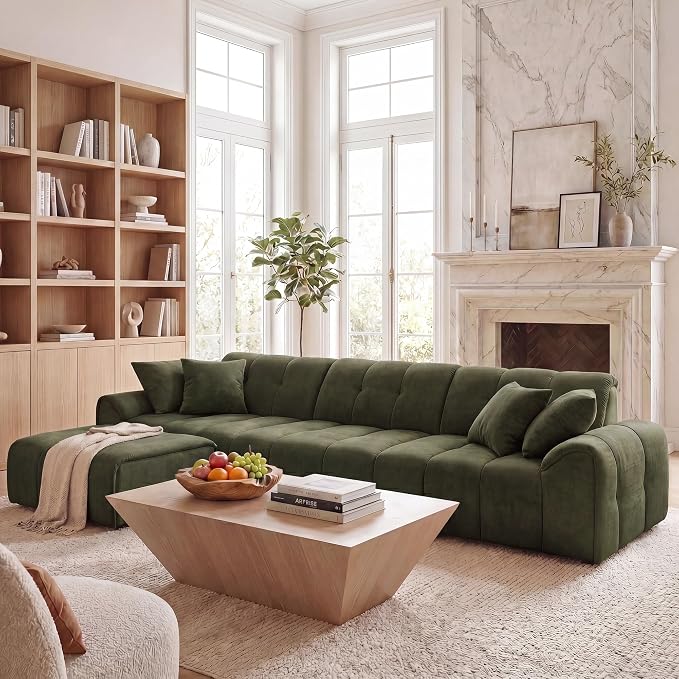 Claiks 118" Modern Boneless Couch, Corduroy Modular Cloud Sofa for Living Room, Deep Seat Sectional with Movable Ottoman, No Assembly Required, Green