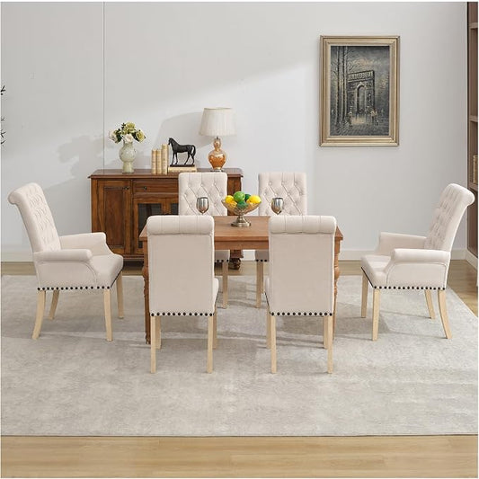 AODCHR Dining Chairs with Arms Set of 6, Upholstered Fabric Accent Dining Chair Set of 6, Elegant Tufted Dining Room Chair, Kitchen Room 2 Arm Chair with 4 Armless Chairs, Beige