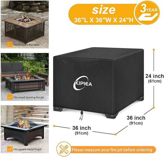 Kipiea Square Fire Pit Cover, Upgraded 600D Strong Tear Resistant, 36" L x 36" W x 24" H 100% Waterproof Fire Pit Table Cover, UPF 50+ Outdoor Firepit Cover Square Fading Resistant