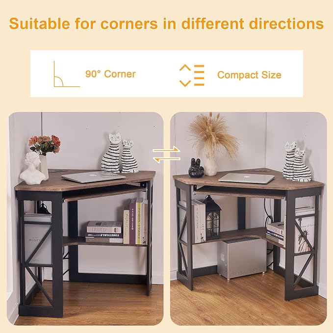 VECELO Corner Desk, Triangle Computer Desk for Small Space with Charging Station and Keyboard Tray, Corner Makeup Table with Storage Shelves for Home Office Bedroom, 41x30, Rustic Brown