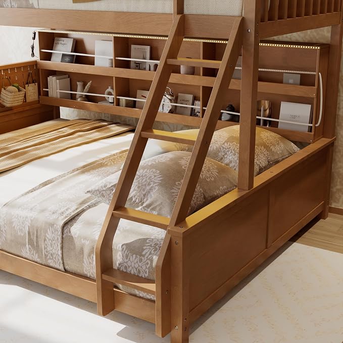 Merax Twin Over Queen Bunk Bed,Wood bunk Bed with LED,Bed with Integrated Shelving, Color-Changing Lights and Pegboard, Twin XL Over Queen, Brown