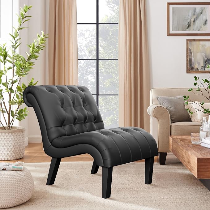 PU Leather Accent Chairs Set of 2 Button Tufted Upholstered Modern Armless Lounge Chair for Bedroom Living Room Side Chairs with Wood Legs Black