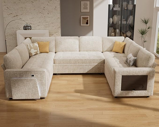 Vipbear 8 Seat U Shaped Modular Sectional Sleeper Sofa with Pull Out Bed/Reclining Backrest/USB Ports/Table/LED Light/Storage Seat, Sectional Sleeper Couch, Tool-Free Assembly, Chenille Beige