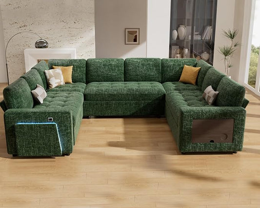 Vipbear 8 Seat U Shaped Modular Sectional Sleeper Sofa with Pull Out Bed/Reclining Backrest/USB Ports/Table/LED Light/Storage Seat, Sectional Sleeper Couch, Tool-Free Assembly, Chenille Green