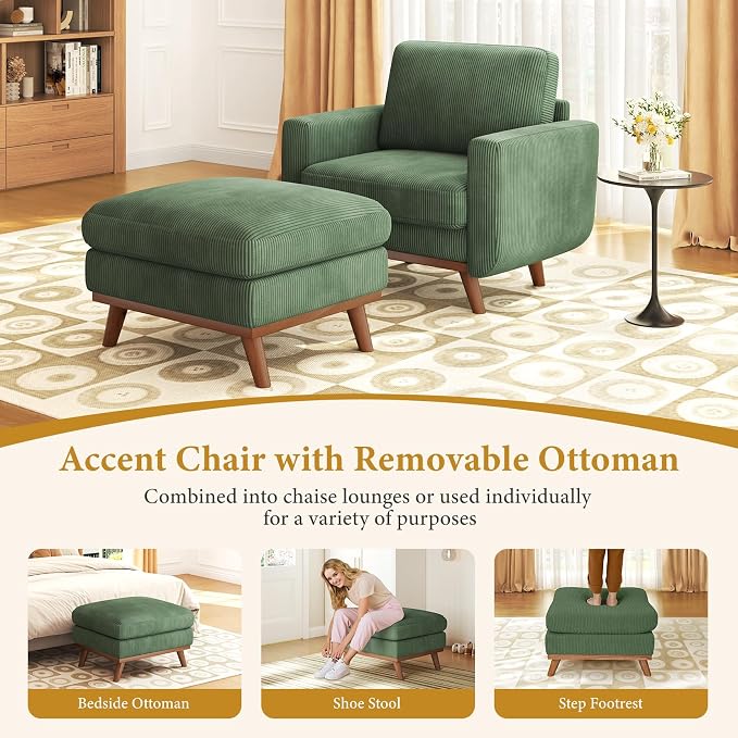 Vesgantti 38.5" Accent Chair with Movable Ottoman, Comfy Corduroy Armchair with Spring Cushion, Reading Chair with Ottoman, Modern Single Sofa for Living Room, Bedroom and Apartment, Green
