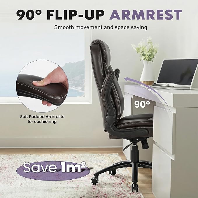 MALOL 300LBS PU Leather High-Back Executive Office Chairs, Heavy Duty Home Ergonomic Computer Chair Flip-Up Armrests & Reclining Backrest, Brown