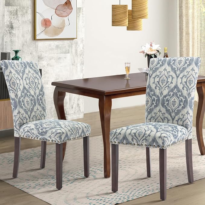 COLAMY Upholstered Parsons Dining Chairs Set of 2, Fabric Dining Room Kitchen Side Chair with Nailhead Trim and Wood Legs - Blue/White Flower