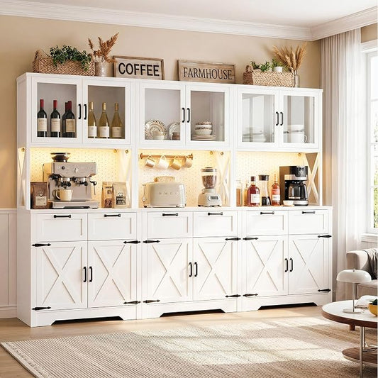 Unikito 94.5" Extra Wide Kitchen Pantry Cabinet with 3 Power Outlets & LED Light, 71" Tall Large Kitchen Hutch Cabinet with Countertop, DIY Pegboard with Hooks & Drawers, Farmhouse Food Pantry, White