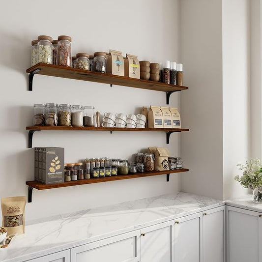 12 Inch Deep Floating Shelves Set of 3, 60 Inch Extra Wide Rustic Walnut Solid Wood Wall Shelves, 5ft Heavy Duty Farmhouse Wall Mounted Shelving for Kitchen, Living Room & Bedroom
