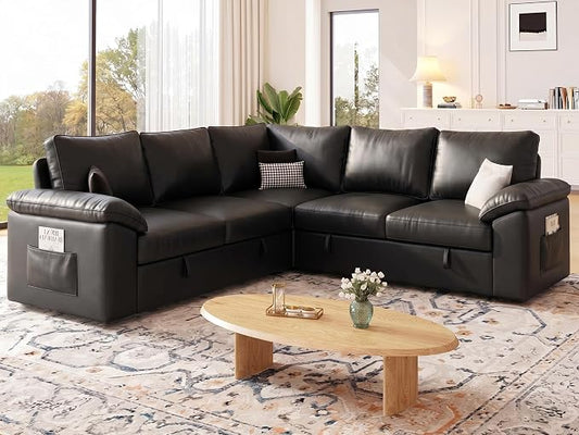 85 Inch Faux Leather Modular Sectional Sofa with Pull Out Bed, L Shaped 5 Seat Sectional Sleeper Sofa with Storage, Sectional Couches for Living Room, Cloud Modular Couch,Black Leather