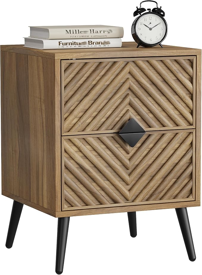 Smuxee Walnut Wooden Nightstand with 2 Drawers, Mid Century Night Stand with Fluted Diamond Doors, Bedside Table with Metal Feet, Modern End Side Table for Bedroom