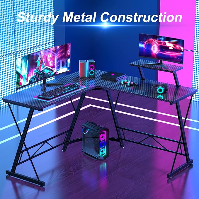 Mr IRONSTONE L Shaped Gaming Desk, Computer Corner Desk Carbon Fiber Surface for Home Office, Writing Study Desk with Laptop Stand, Easy to Assemble, Carbon Fiber, 51 Inch