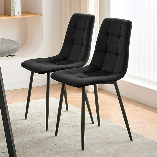 NORDICANA Dining Chairs Set of 2, Upholstered Kitchen Chairs, Black Velvet Side Chairs with Comfortable Cushions & Metal Legs
