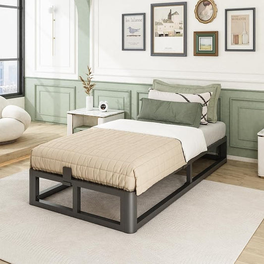 Bilily 10 Inch Twin Bed Frame with Round Corner, Heavy Duty 3500 LBS Steel Slats Support with Mattress Slide Stopper, No Box Spring Needed, Noise Free, Easy Assembly