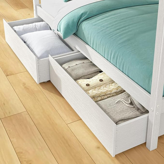 Grain & Grove Bear Twin Over Twin Bunk Bed with Storage Drawers, Sturdy Bunk Bed Frame for Kids, Plywood Bunk with Ladder, Guardrail, and Slats, No Box Spring Required, Brush White