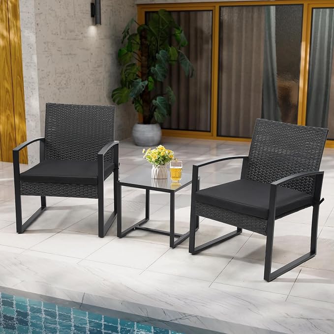 Murago Outdoor 3-Piece Wicker Bistro Set, Rattan Patio Conversation Set with Coffee Table, for Backyard Garden Poolside, Black Frame & Black Cushion