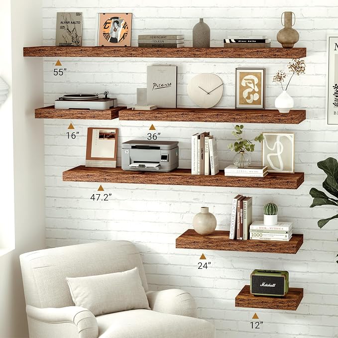 Vivelove 55x12 Floating Shelves, Deep Floating Shelves for Wall with Invisible Brackets, for Living Room Bedroom, Farmhouse Rustic Shelves Home Decor, Set of 2, Rustic Brown