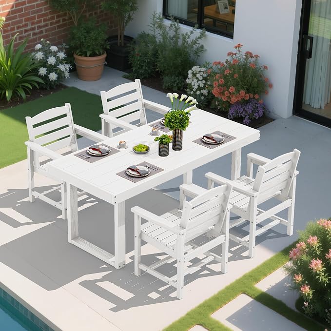 SERWALL HDPE Outdoor Dining Set for 4, 67'' Patio Table and Chairs Set | with Armchair Seat