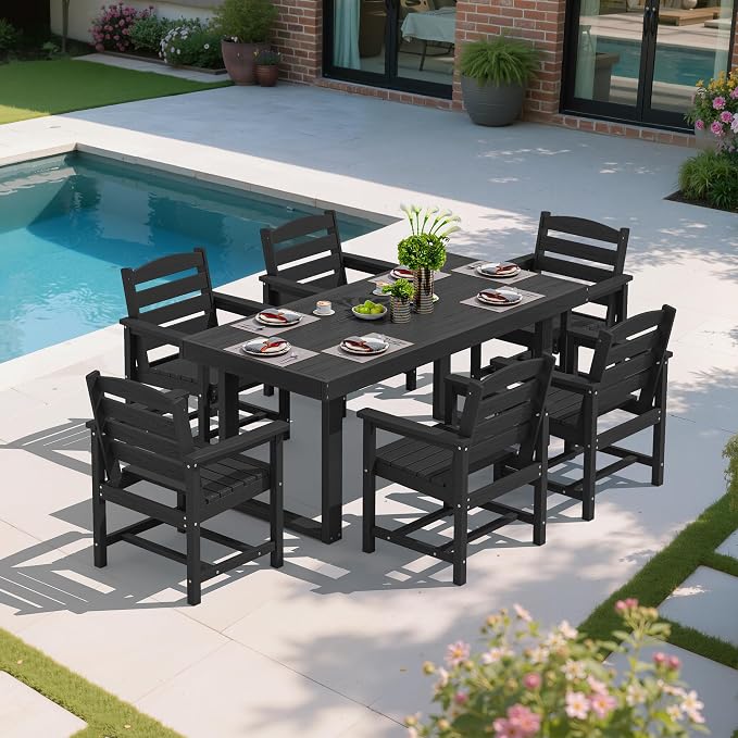 SERWALL HDPE Outdoor Dining Set for 6, 67'' Patio Table and Chairs Set | with Armchair Seat