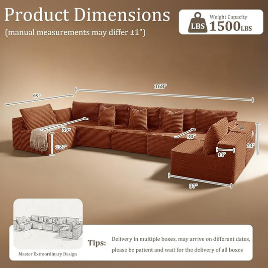 168" Cloud Sectional Couch, Comfort U Shaped Sofa for Living Room, Extra Deep Seats No Assembly, Minimalist Modular Couch, Corduroy (Deep Orange, 7 Seats,U-Shape B)