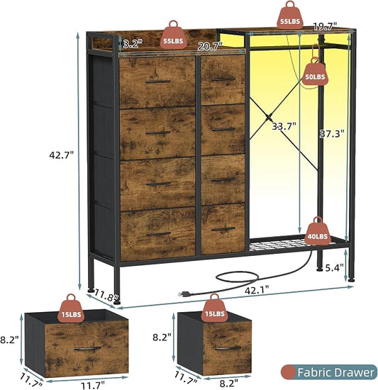 HIGDBFE Dresser with Hanging Rack, 8-Drawer Dresser for Bedroom with Charging Station & LED Lights, Fabric Dressers with Shoe Rack, Rustic Brown, 11.8" D x 42" W x 42.7" H (8 Drawers)