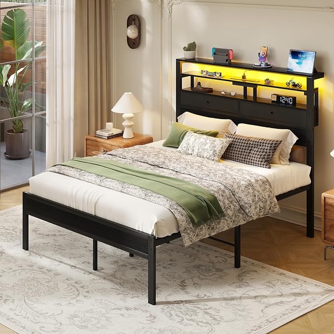 Sweetcrispy Bed Frame Full Size with LED Lights and Charging Station, Sturdy Platform Beds Frame with Storage Drawers, 3-Tier Shelves and Under Bed Storage, No Box Spring Needed, Black