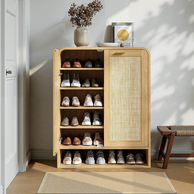 Evermagin 41" Tall Rattan Shoe Storage Cabinet, 24 Pairs Shoe Cabinet for Entryway, 5-Tier Boho Shoe Organizer with Doors for Hallway Living Room Closet, Natural Oak