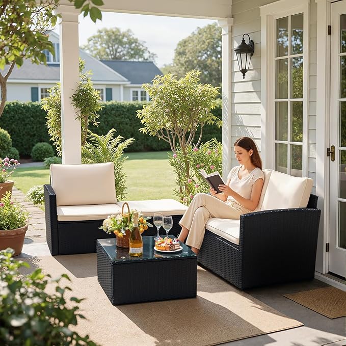 Devoko Patio Sofa,Outdoor Furniture Set 4 Pieces,Wicker Sectional Couch with Glass Desktop and 75.9in Wide Backrest for Backyard, Deck,Porch & Poolside(Black)