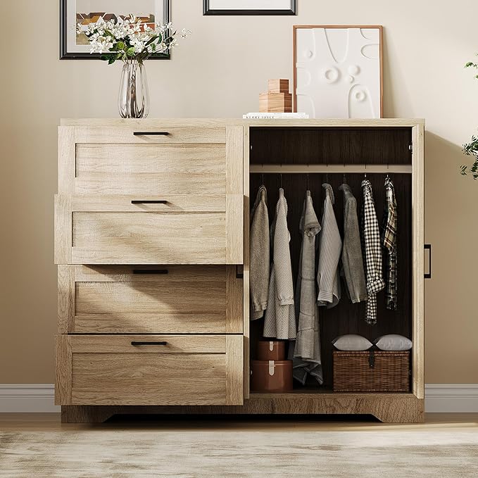 IDEALHOUSE 43.3'' H Armoire Wardrobe Closet with 4 Drawers and 2 Doors, Hanging Rod, Multifunctional Wooden Dresser with Storage Closet, Bathroom Cabinet for Bedroom, Natural Oak