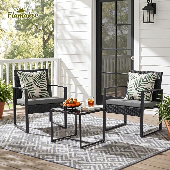 Flamaker 3 Pieces Patio Set Outdoor Wicker Furniture Modern Bistro Rattan Chair Conversation Sets with Coffee Table for Yard (Grey)