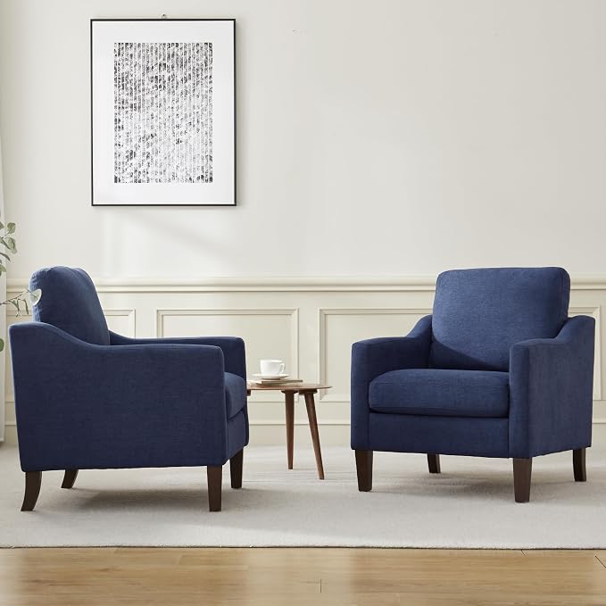 VKNOW Mid Century Modern Accent Chair, Upholstered Living Room Chairs Armchair for Bedroom, Comfy Reading Accent Chairs with Wood Legs for Living Room (1, Navy Blue)