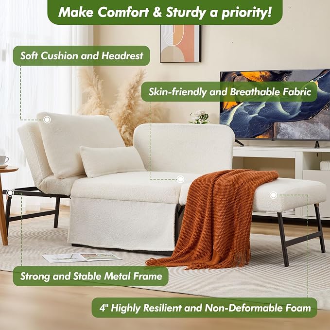ZZW Sleeper Chair Bed Upgrade 4-in-1 to 5-in-1 Convertible Multi-fuction Sofa Chair w/Adjustable Backrest Assembly-Free Linen Folding Sofa Ottoman Bed for Living Room Apartment (Wool White)