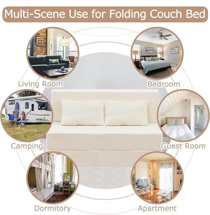 Folding Sofa Bed, 4 in 1 Convertible Sleeper Chair with Pillow, Twin Memory Foam Fold Out Chair Bed, Modern Floor Futon Sofa Couch Mattress for Living Room/Guest/Apartment, Beige