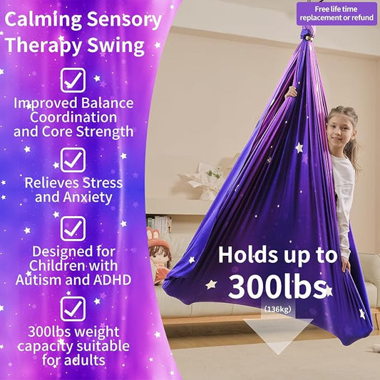 Sensory Swing for Kids Indoor & Outdoor Double Layer Therapy Cuddle Hammock Chair with 360 Swivel Hanger Kit Adjustable Swing for Child and Adult with Aspergers Autism ADHD (Galaxy Purple)