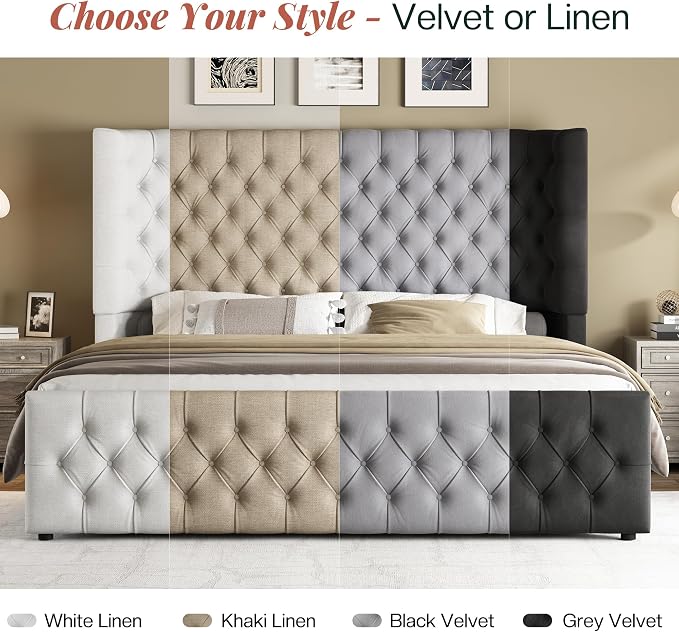 Jocisland King Size Upholstered Bed Frame with 6.3-Inch Curved Wingback Headboard, Tufted Footboard, Wood Slats, No Box Spring Needed, White Linen
