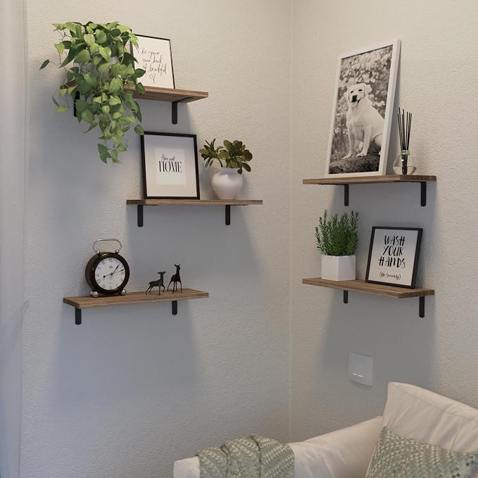 DOLLFIO Floating Shelves, 5 Sets Wall Shelves, Wood Floating Shelves for Bedroom Wall Décor, Wall Mounted Floating Bathroom Shelf for Storage, Floating Book Shelf, Living Room – Rustic Brown