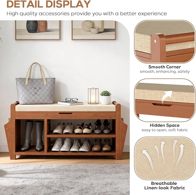 oakvivo 39.4in Shoe Bench with 2 Side Holder, 3 Tier Bamboo Entryway Bench with Storage, Shoe Rack Bench Organizer with Cushion for Entryway Hallway Living Room, Holds up to 330lbs