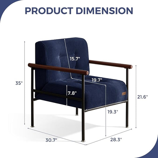 MAXYOYO Living Room Accent Chair, Modern Chair with Sturdy Metal Frame & Wood Armrests, Upholstered Reading Chair with Upholstered Cushion for Bedroom Balcony Porch, Navy