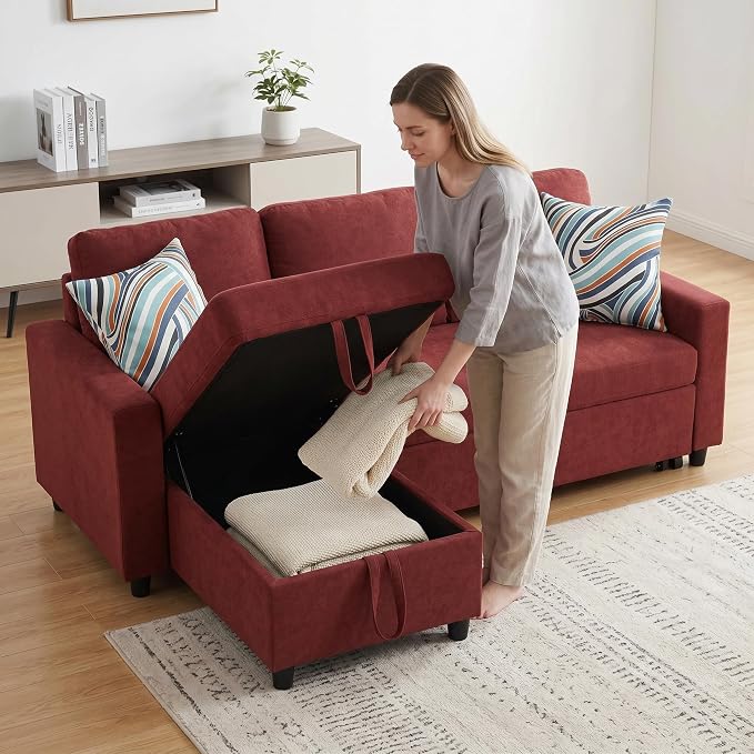 Pull Out Couch, L Shaped Sectional Couch with Pull Out Bed, Convertible Sofa Bed with Storage Chaise, Queen Size Sleeper Sofa, Sofa Bed Couch, Sleeper Sofa with Storage, Red