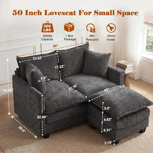 50'' L-Shape Loveseat Sofa with 22" Ottoman, 2 Seat Modern Cloud Couch with 2 Washable Pillows for Small Space Apartment Office Living Room Bedroom, Grey