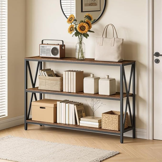 MAHANCRIS 55" Sofa Table, Industrial Console Table, 3-Tier Narrow Sofa Table with Storage Shelves, Foyer Table for Entryway, Hallway, Kitchen, Living Room and Bedroom, Rustic Brown CTHR80401