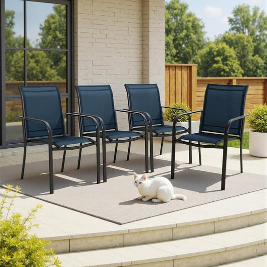 SUNCROWN 7 Pieces Outdoor Dining Set, Patio Furniture Set with 6 x Textilene Dinning Chairs and 1 Steel Slat Metal Bistro Table for Garden Lawn Backyard Deck (Dark Blue)