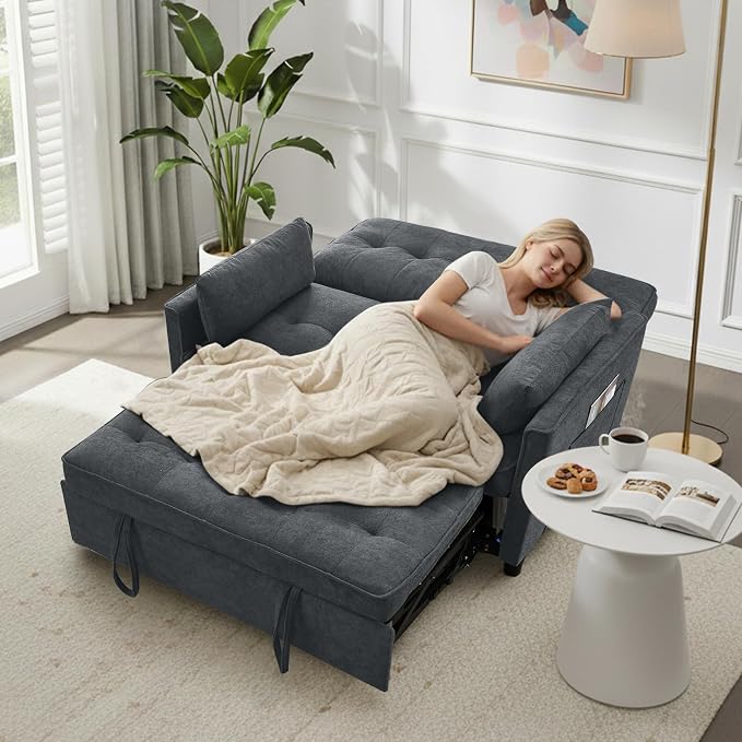 3 in 1 Convertible Sofa Bed, Pull Out Couch with Side Pocket, Sleeper Sofa with Adjustable Backrest | USB Charging Port | Two Pillows | Fabric | Charcoal Grey