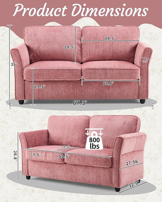 Karl home 67" Loveseat Sofa Chenille Fabric, Pink | Removable Covers, Outward Arms, Spring Cushion & Solid Wood Frame, Deep Seat for Living Room, Bedroom, Apartment